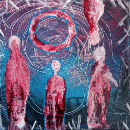 Modrý a červený abstraktní obraz - Akrylová malba Padlá na hlavu