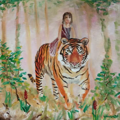 Obraz Tygr a dívka - duchovní obraz z cyklu Vnitřní síla - Tento již není k dispozici, maluji na přání